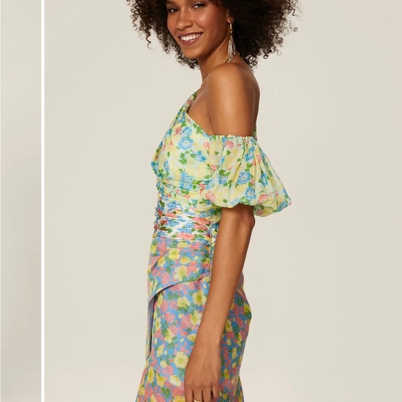 AMUR Pastel Floral Midi Dress. Jayla patchwork floral silk asymmetrical lined - Picture 4 of 13